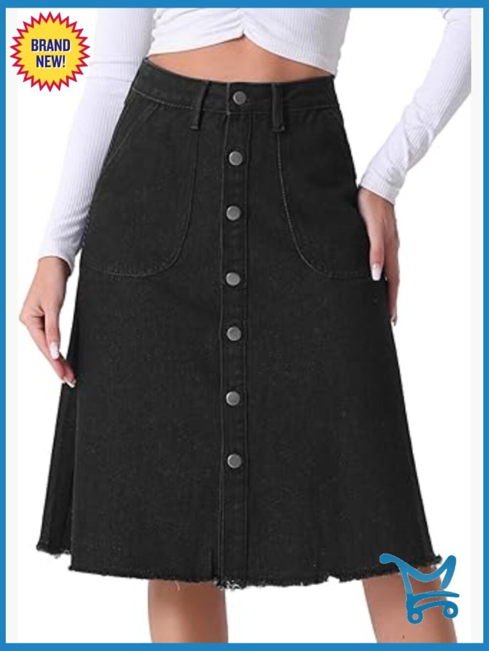 Women's Denim Skirt Raw Hem Button Down Midi A-Line High Rise